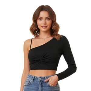 SHEIN S Black One Sleeve Stretch Twist Front Cropped Top